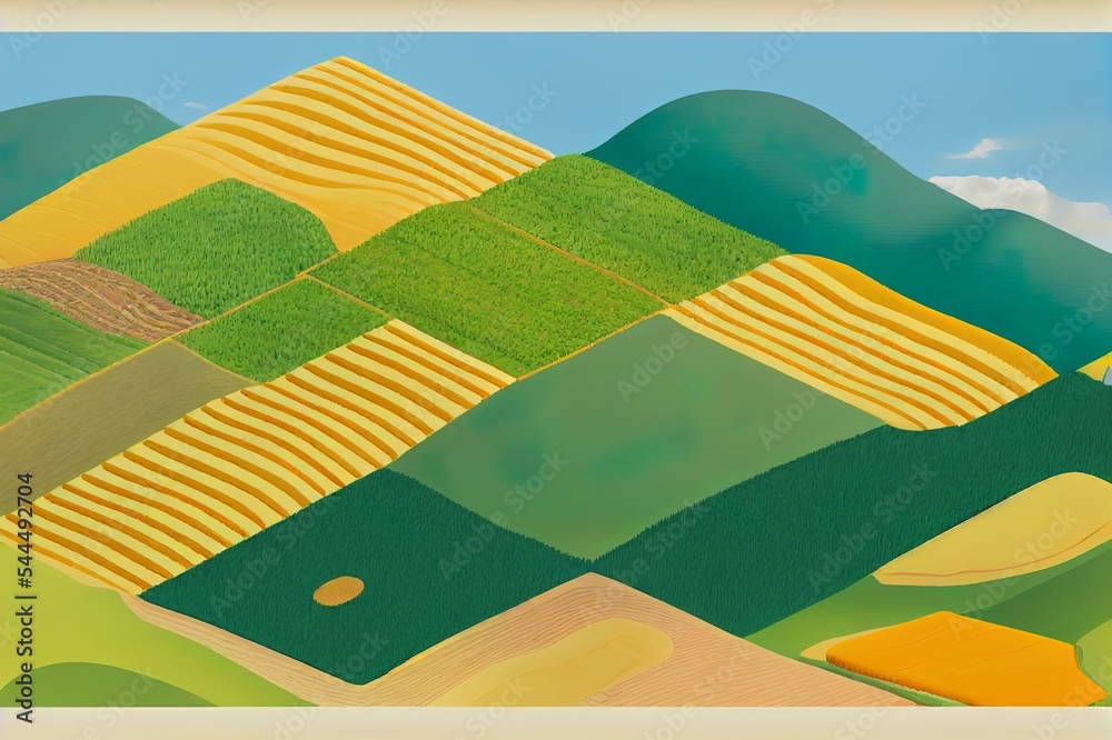 3D isometric piece of farm land with tractor harvesting crops. cross section of wheat farm isolated 