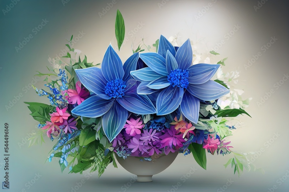 Raster illustration of beautiful blue flower arrangement with bracelet, leaves, bouquet. Fragrant co