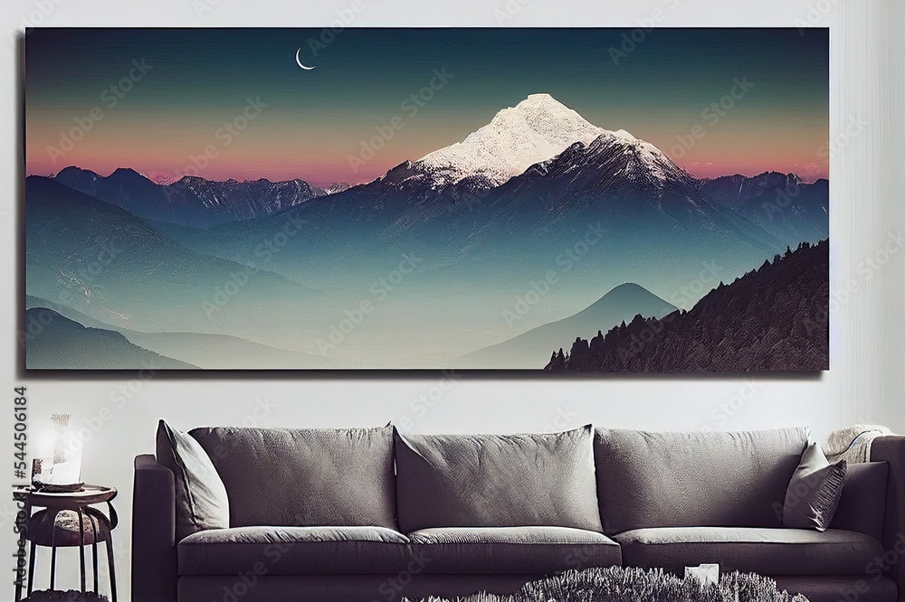 Beautiful nature scenery mountains and crescent moon, minimal art landscape, mountain wall art, abst