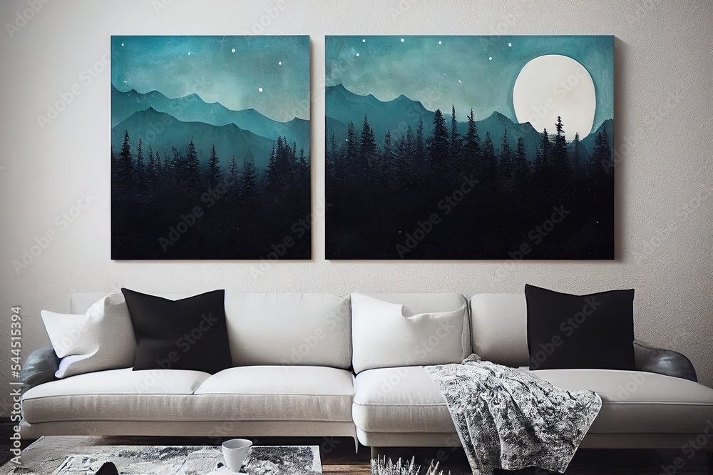 Beautiful nature scenery dark mountains Pine trees and moon, minimal art landscape, mountain wall ar