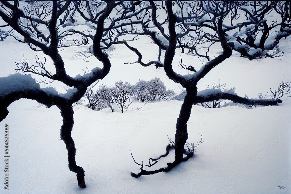 雪中枯枝，冬季自然。