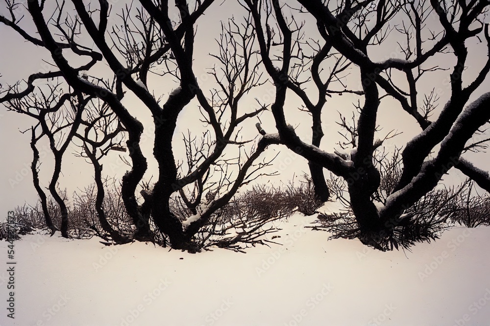 Dry branches in the snow, winter nature.