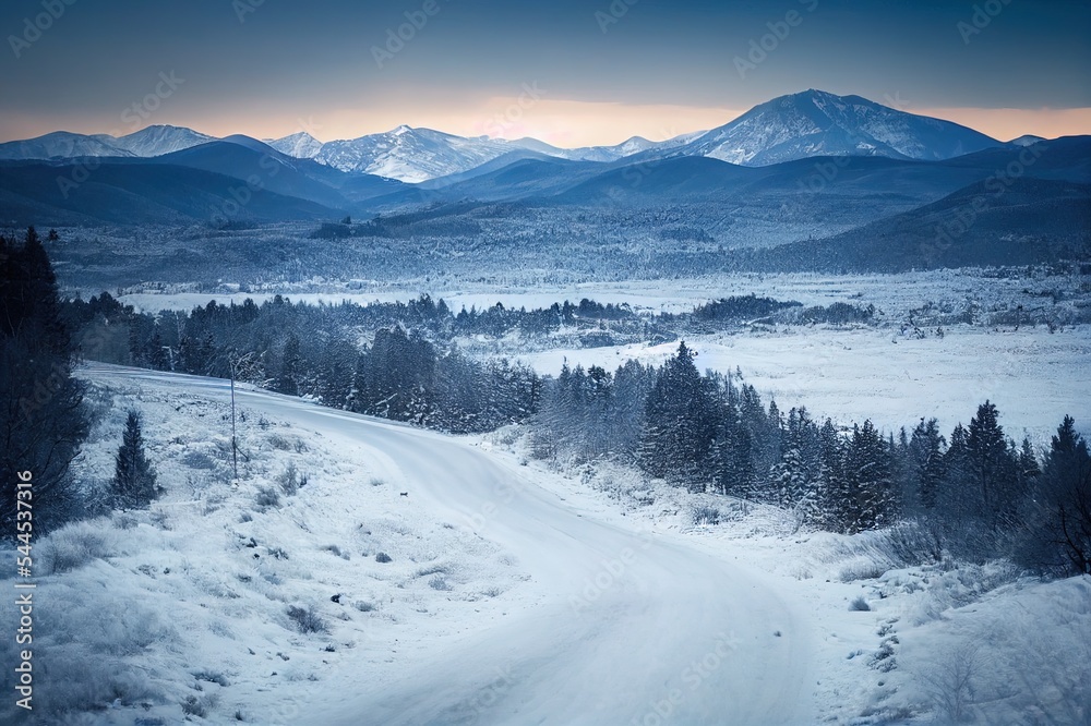 公路向前穿过一个白雪覆盖的山谷。路边的树木。森林