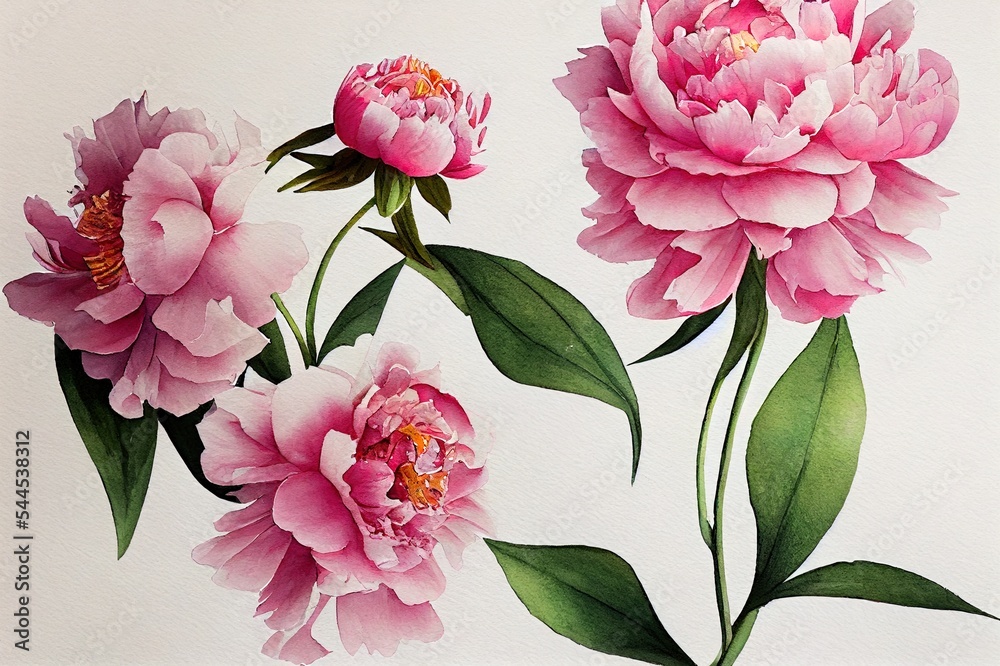 Watercolor flower illustration, pink peony on a white background. Peonies flowers