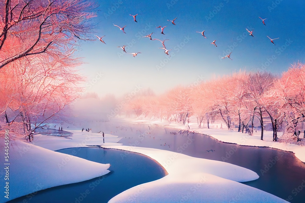 Japan winter nature. Wildlife scene, snowy nature. Bridge Cranes. Otowa winter Japan with snow. Bird