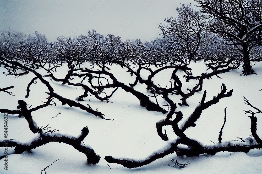 雪中枯枝，冬季自然。