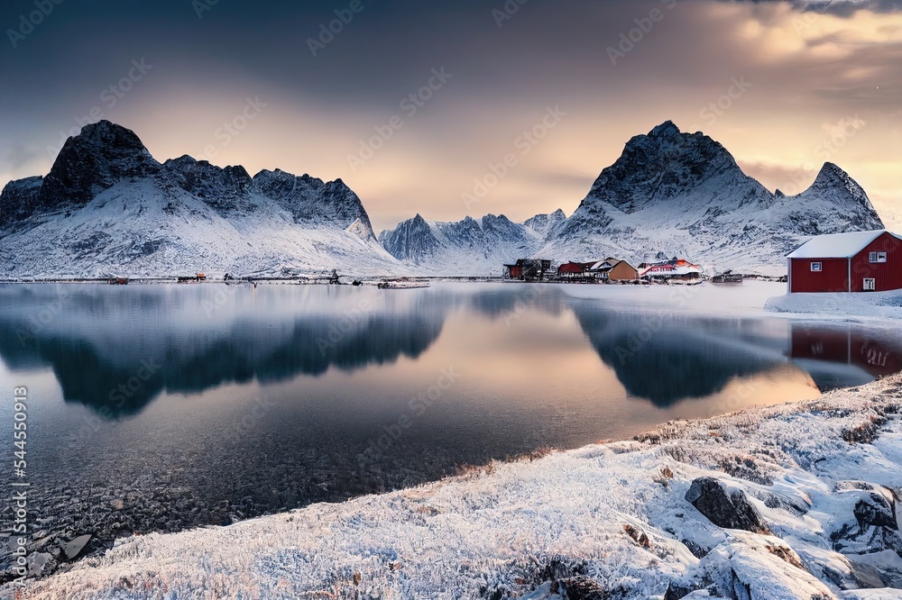 白雪皑皑的群山、红色的渔舍和多云的天空，令人惊叹的冬季景色。典型的自然景观