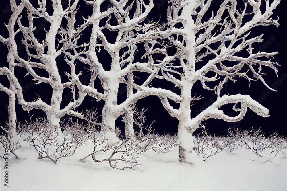 雪中枯枝，冬季自然。