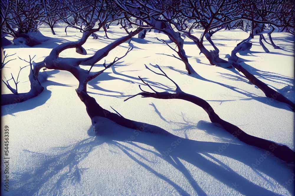 雪中枯枝，冬季自然。