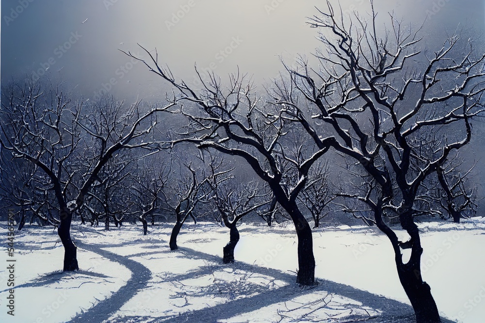 雪中枯枝，冬季自然。