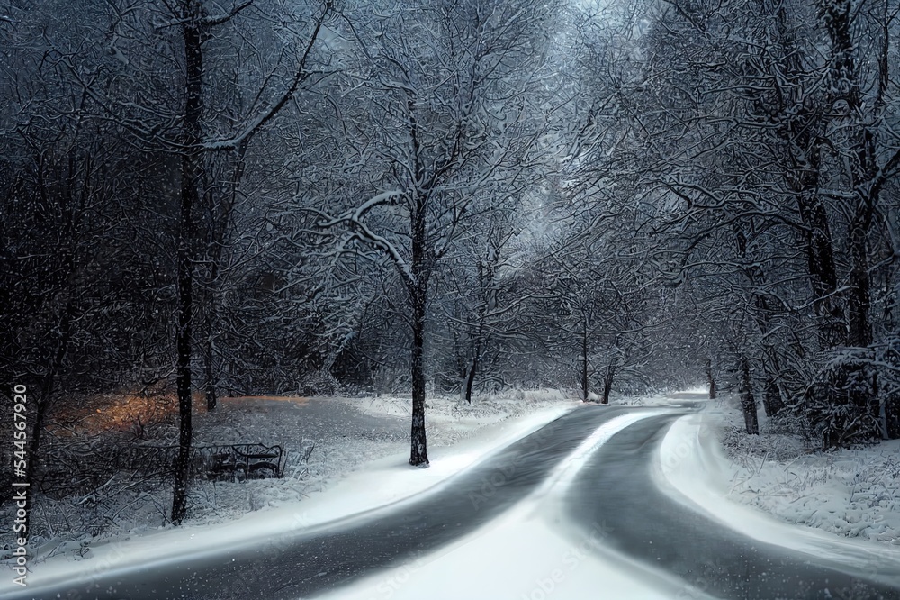 冬天，雪多的森林道路上的汽车和雪花。（运动模糊）