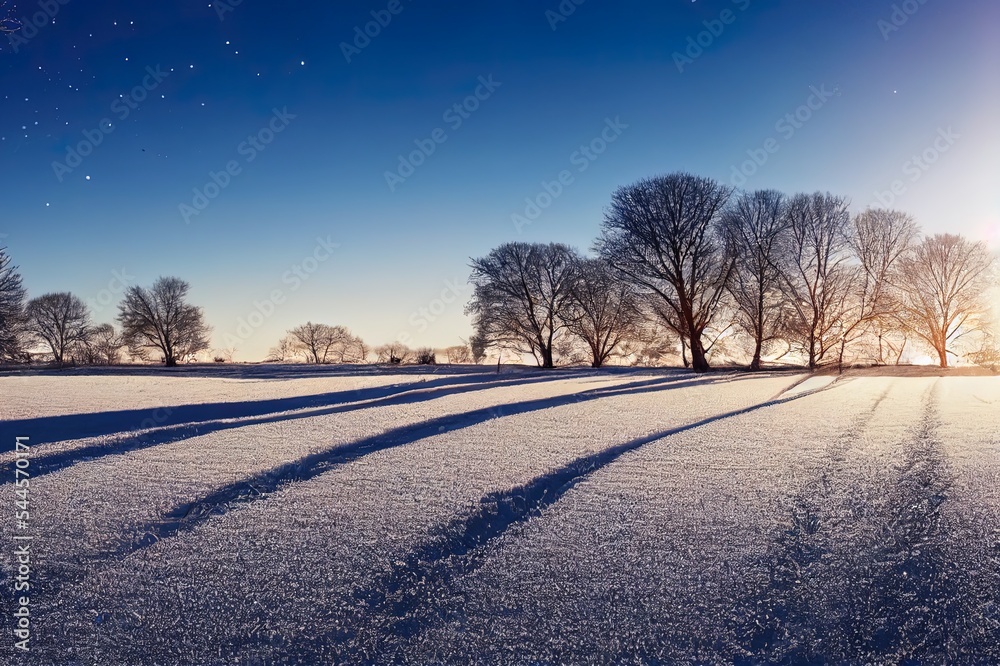 冬季景观，田野白雪皑皑，天空湛蓝，绿草如茵，白雪覆盖