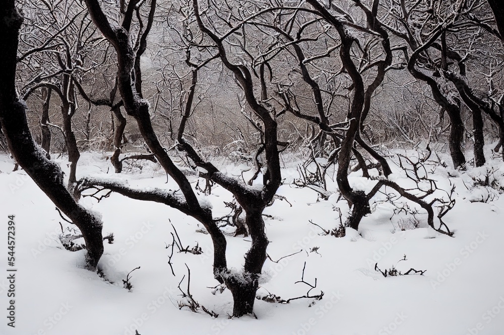 雪中枯枝，冬季自然。