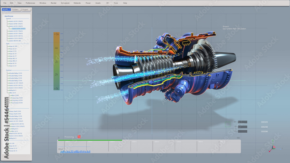 显示工业可持续绿色能源涡轮机/发动机3D设计的计算机CAD软件。