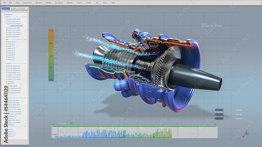 显示工业可持续绿色能源涡轮机/发动机3D设计的计算机CAD软件。
