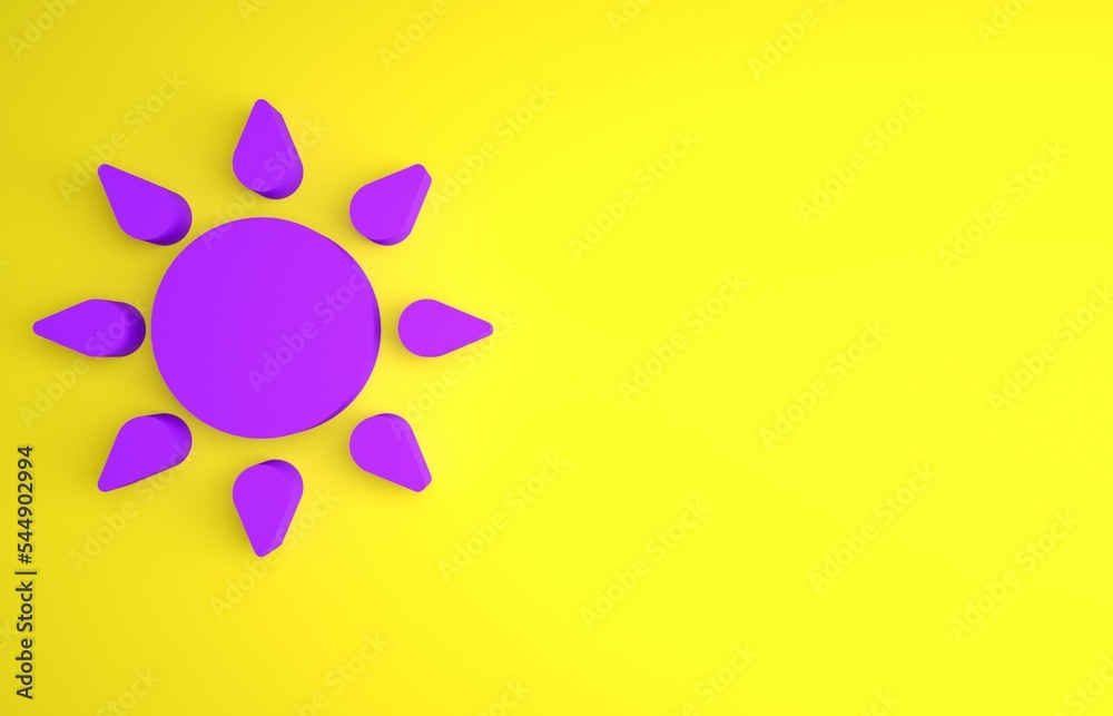 Purple Sun icon isolated on yellow background. Minimalism concept. 3D render illustration