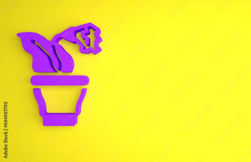 Purple Flower in pot icon isolated on yellow background. Plant growing in a pot. Potted plant sign. 