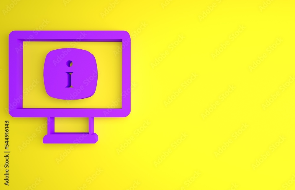 Purple Monitor with information icon isolated on yellow background. Minimalism concept. 3D render il