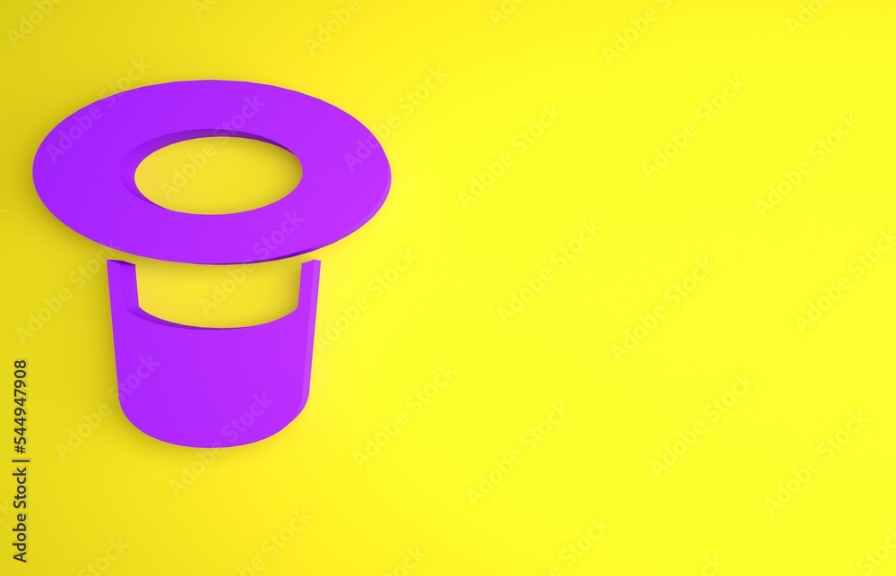 Purple Magic hat icon isolated on yellow background. Magic trick. Mystery entertainment concept. Min