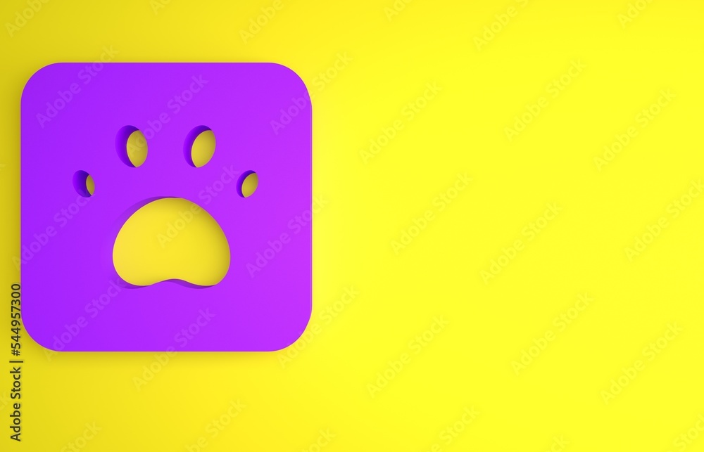 Purple Paw print icon isolated on yellow background. Dog or cat paw print. Animal track. Minimalism 