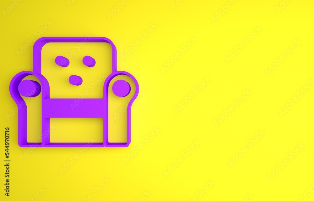 Purple Armchair icon isolated on yellow background. Minimalism concept. 3D render illustration