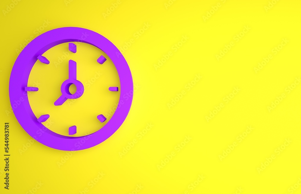 Purple Clock icon isolated on yellow background. Time symbol. Minimalism concept. 3D render illustra