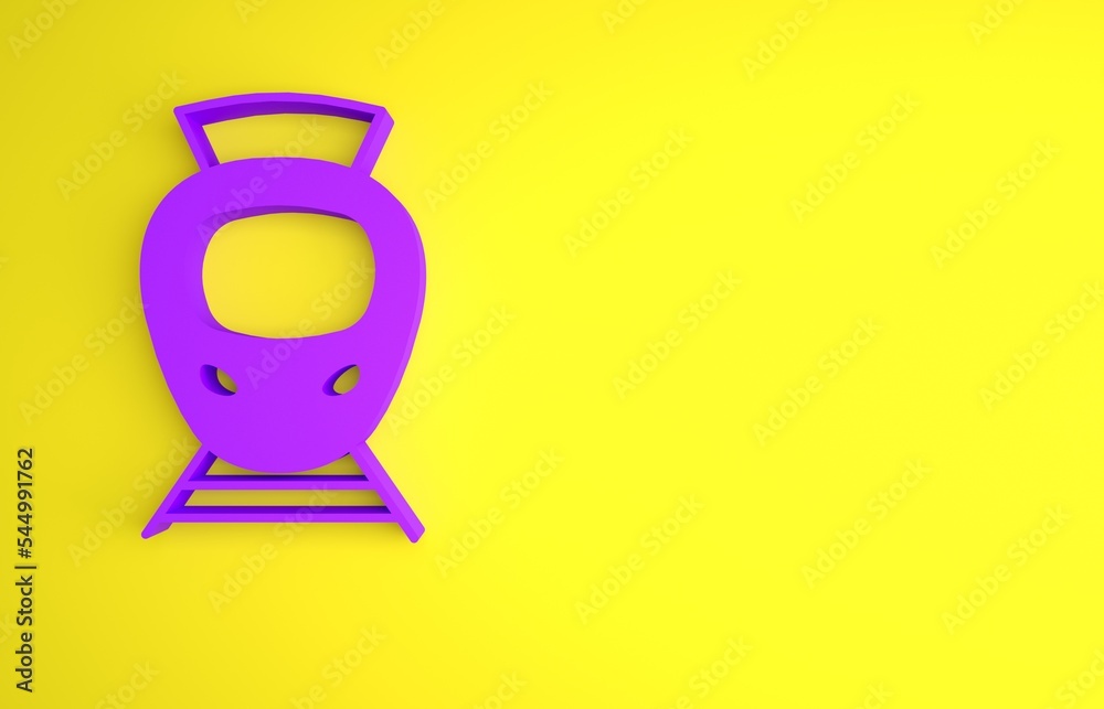 Purple Tram and railway icon isolated on yellow background. Public transportation symbol. Minimalism