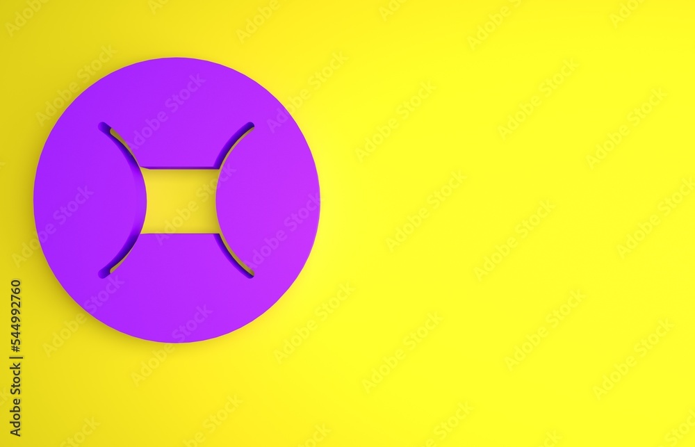 Purple Gemini zodiac sign icon isolated on yellow background. Astrological horoscope collection. Min