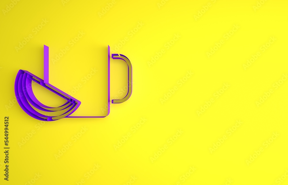 Purple Cup of tea with lemon icon isolated on yellow background. Minimalism concept. 3D render illus