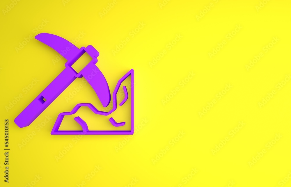 Purple Gold mining icon isolated on yellow background. Minimalism concept. 3D render illustration