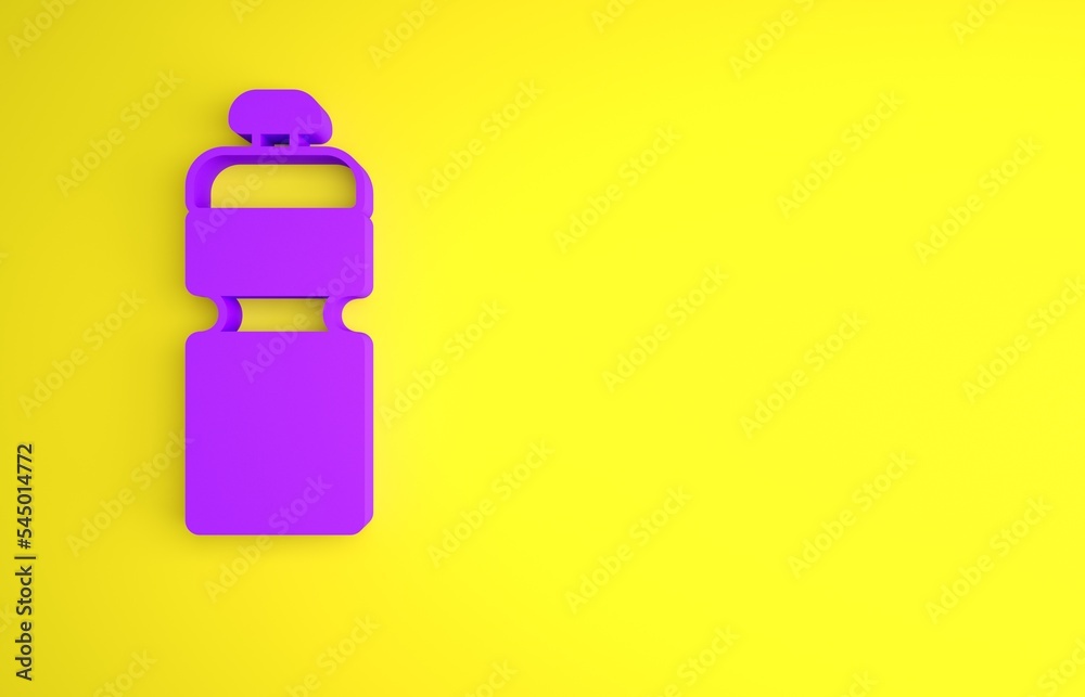 Purple Fitness shaker icon isolated on yellow background. Sports shaker bottle with lid for water an