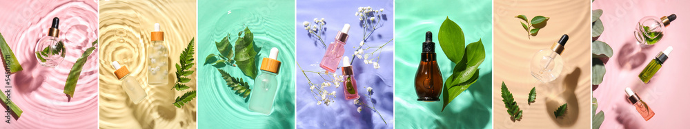 Collage with bottles of natural cosmetic serum in water on colorful background