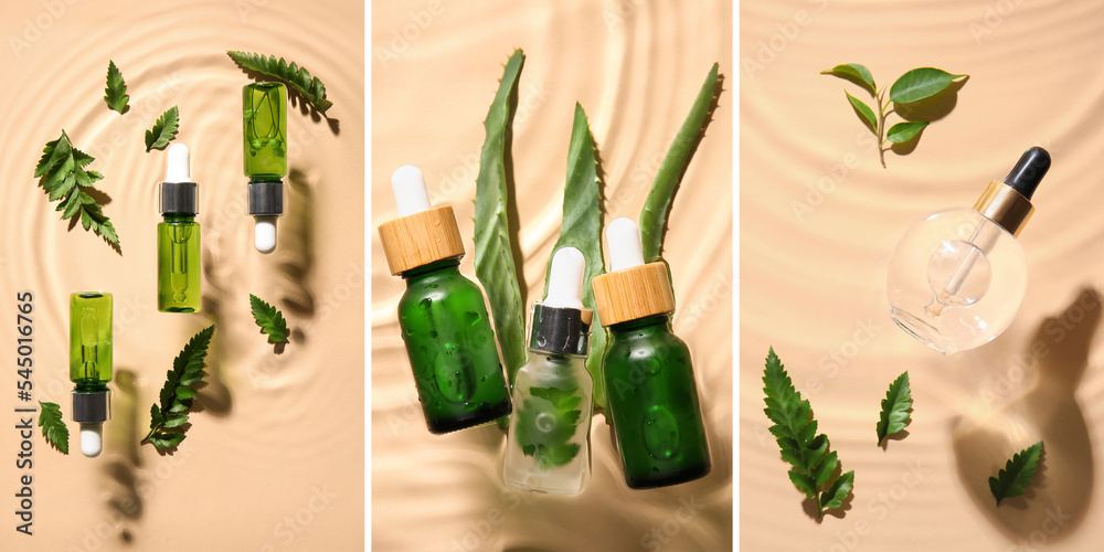 Collage with bottles of natural serum in water on beige background, top view