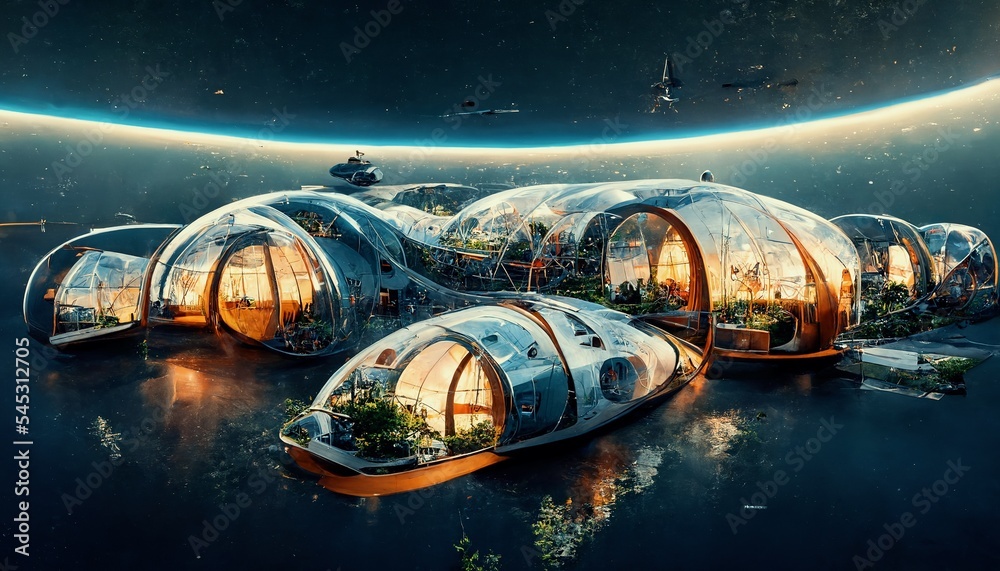 Space expansion concept of human settlement in alien world with green plant as proof of life in spac