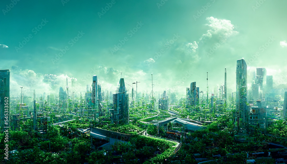 Spectacular environmental awareness city with vertical forest concept of metropolis covered with gre