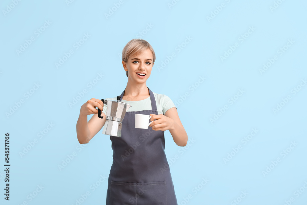 Female barista with coffee maker and cup on blue background