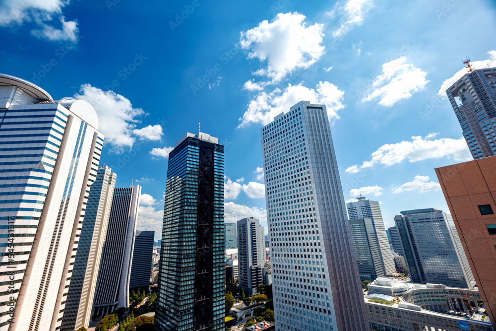 摩天大楼耸立在日本东京西新宿的城市景观之上