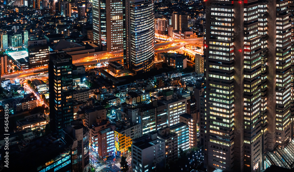 夜晚，摩天大楼耸立在日本东京西新宿的城市景观之上