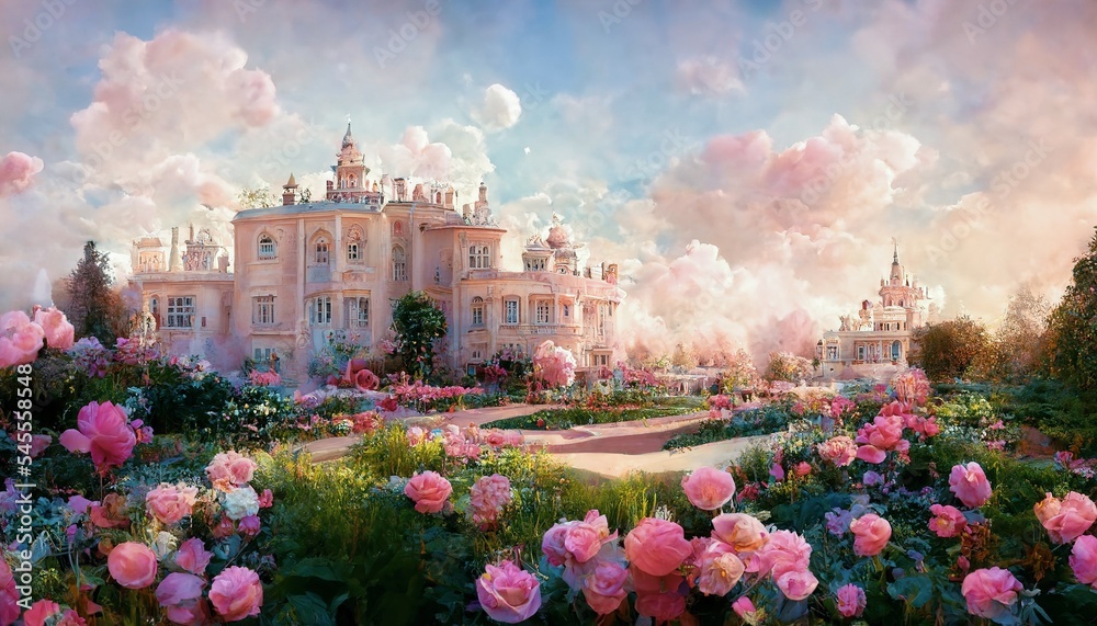 Victorian-style royal palace that looks like it was from a fairy tale. Spectacular fantasy luxury an