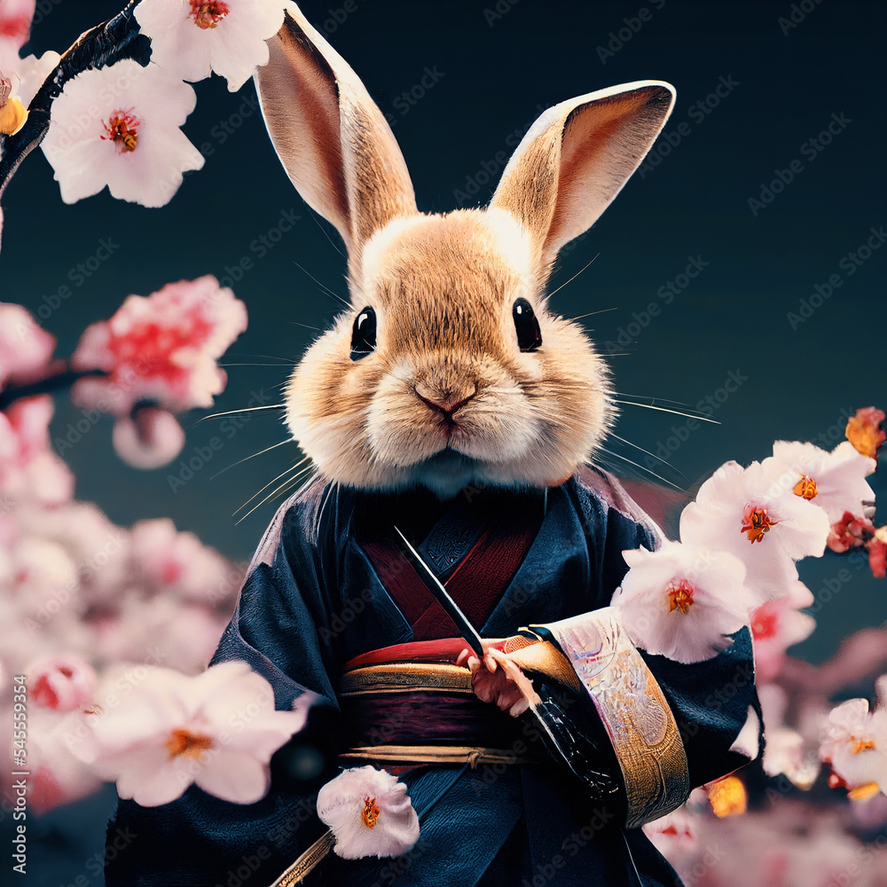 Spectacular portrait of human like bunny dress in japanese traditional clothes or yukata. Digital ar