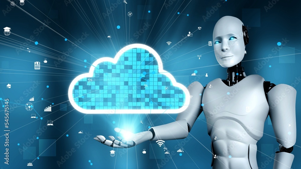 AI robot huminoid uses cloud computing technology to store data on online server . Futuristic concep