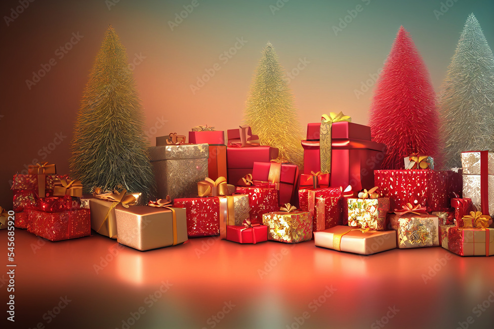 Christmas festival decoration with gift boxes pile, ribbon and spectacular christmas tree for giving