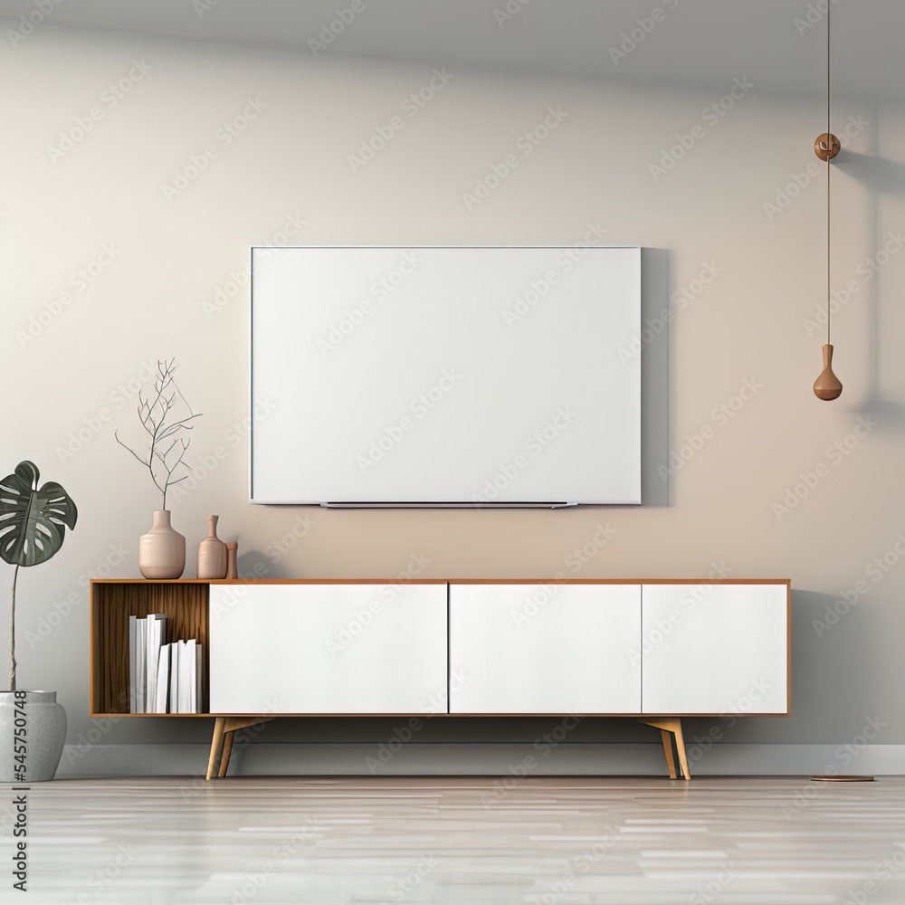 Minimal wooden cabinet for tv interior wall mockup. 3D rendering