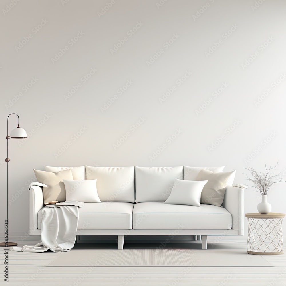 Modern living room interior. Interior mockup. The white couch near empty white wall. 3d render.