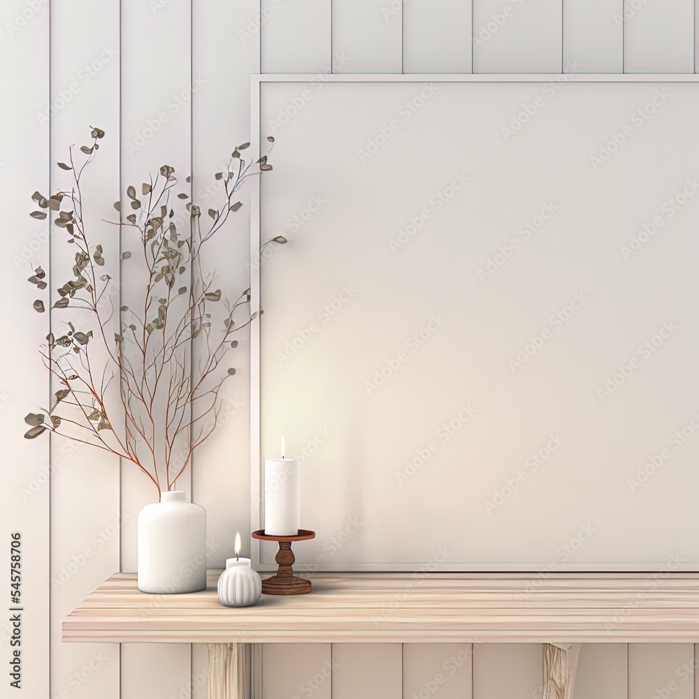 Traditional interior wall mockup with green twigs in vase and candle standing on light brown wooden 