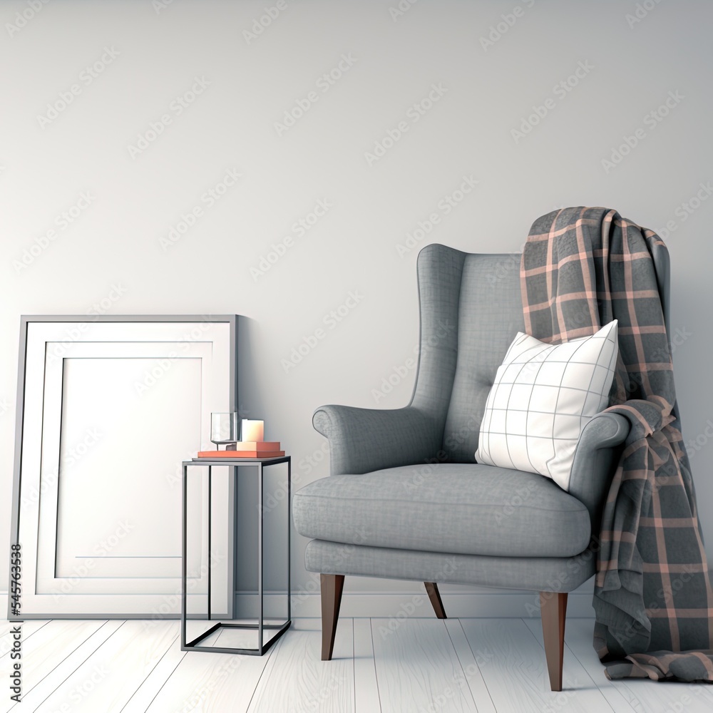 Minimalistic modern interior with an armchair and a plaid, mockup for your design. You can use this 