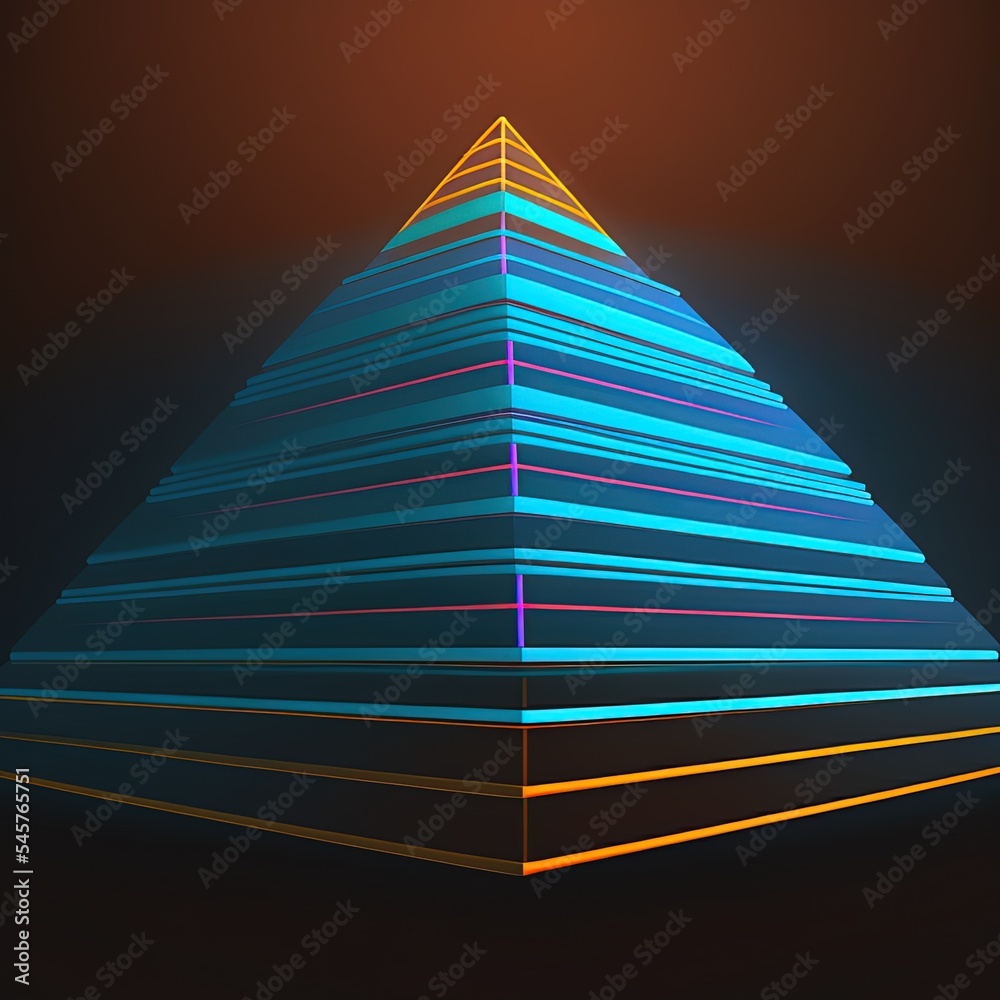 由发光条纹组成的金字塔。3D渲染