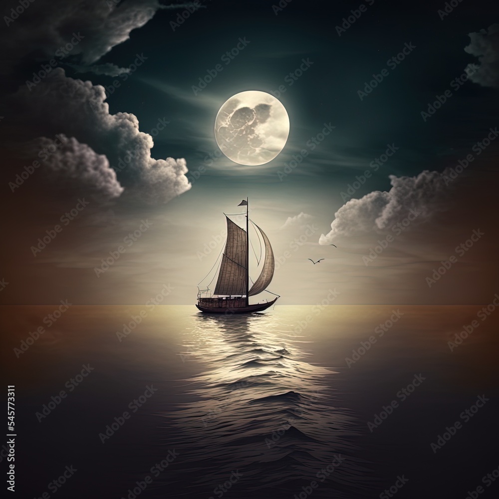 Boat sailing in moonlight.