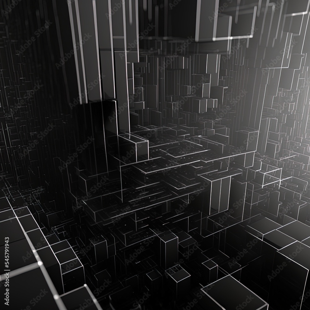 Dark technological lines background with cubes and lines, 3d rendering. Computer digital drawing.