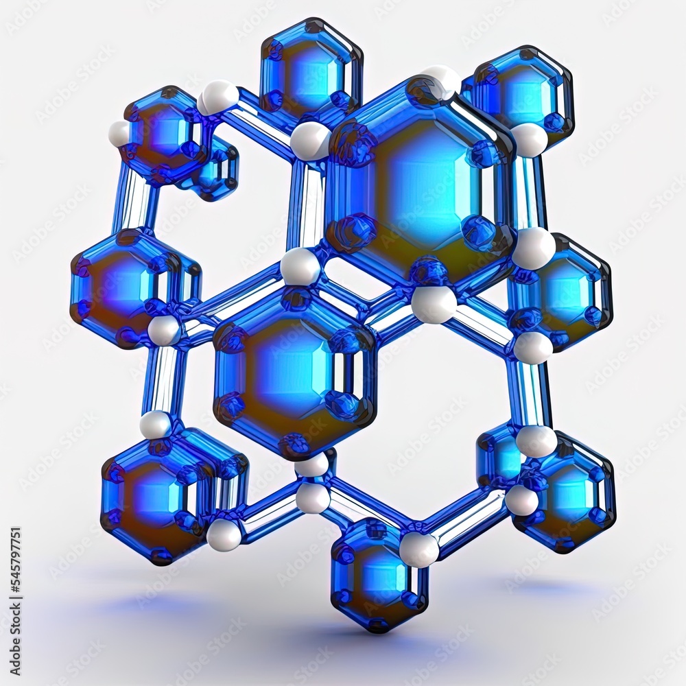 Model of Hexagon molecule made of glass isolated on white background. 3D render image.